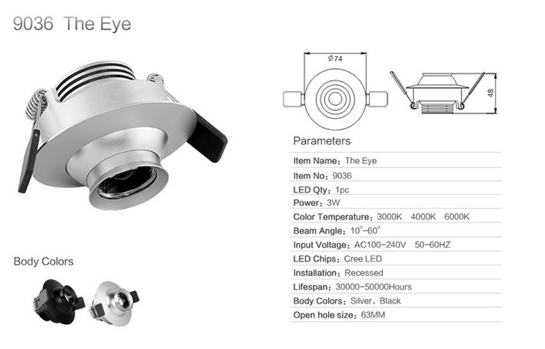 3W 4000K Embedded LED Focus Spotlight Non Glare Ra 90 Stainless Steel